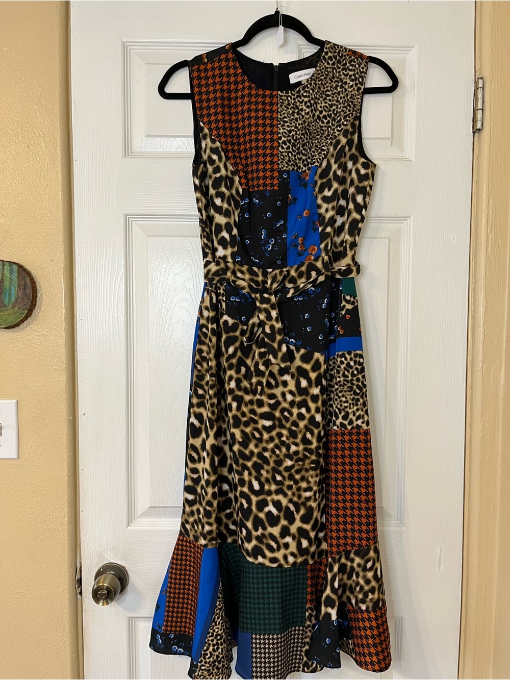 Calvin Klein Patchwork Leopard-Print Midi Fit & Flare Dress with Fabric Belt